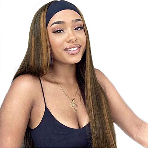AISI BEAUTY Synthetic Brown Headband Wig Highlight Wig Straight Hair Wig with Headband Attached Long Straight Highlights Glueless Headband Wig for Daily Use 24 Inches