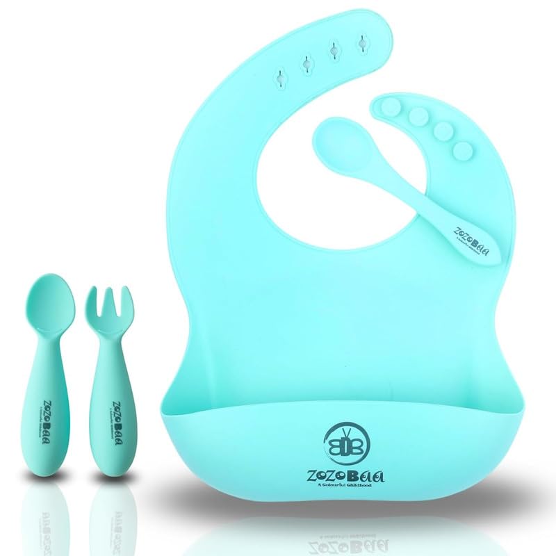 Image of Silicone Baby Bib with Spoon and Fork Set | Waterproof Adjustable Bib & First Stage Feeding Utensils for Infants & Toddlers | Soft Silicone Spoon for Baby 6 Months+1 Set, Mint Green