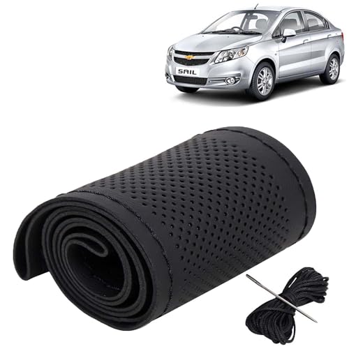 Image of KINGSWAY PU Leatherite Car Steering Cover Sewable Compatible with Chevrolet Sail (Year 2010-2016), Black Color with Black Thread, Pack of 1 with Sewing Needle and Thread
