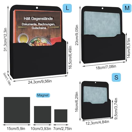 3 Stück Magnetischer Aktenhalter, 3 Größen, Bürobedarf Aufbewahrung A4 Papiere Briefhalter, Magnetischer Papierhalter Dokumentenhalter, Aktenordner-Organizer, für Whiteboards, Zuhause, Schwarz