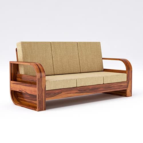 Image of Douceur Furnitures Solid Sheesham Wood 3 Seater Sofas | Three Seater Sofa for Living Room, Cafe, Office | (Honey Teak Cushion Beige)