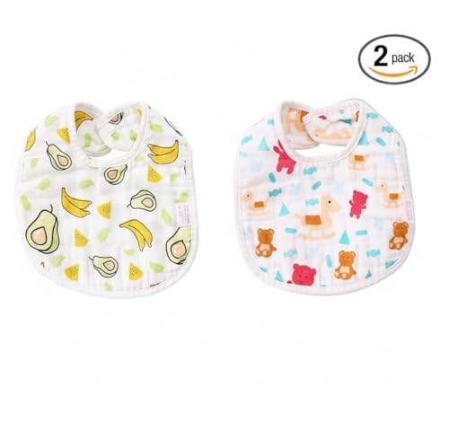 Image of BabyGo Muslin Cotton Baby Bibs | Pure Cotton 8-Layer Super Absorbent Cartoon Print Feeding & Drool Bibs | Ultra-Soft, Washable & Reusable Bibs for Infants, Toddlers & Newborns | Pack of 2 (Multicolor)
