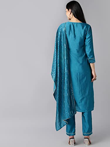 Image of Vaamsi Women's Poly Silk Embellished Solid Straight Kurta Pant with Dupatta