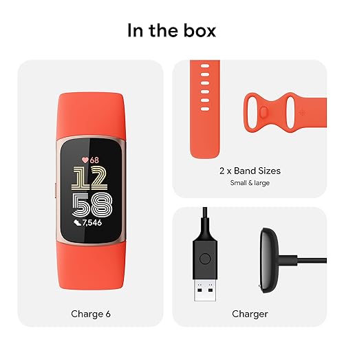 Fitbit Charge 6 Fitness Tracker with Google apps, Heart Rate on Exercise Equipment, 6-Months Premium Membership Included, GPS, Health Tools and More, Gold/Coral, One Size (S & L Bands Included) image 8