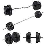 💪 Rutschfeste Griffe: Kreuzgerändelte Griffe der Langhantelstange und Curlhantelstange sowie die Kunststoffgriffe der Kurzhantelstangen gewährleisten einen sicheren Halt.