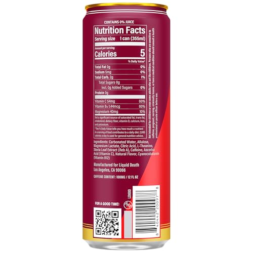 Image of Liquid Death Sparkling Energy - Murder Mystery (Cherry, Cream, Spice), Zero Sugar Energy Drink, Unextreme Caffeine 100mg, Essential Vitamins, 12 Fl Oz (Pack of 12)