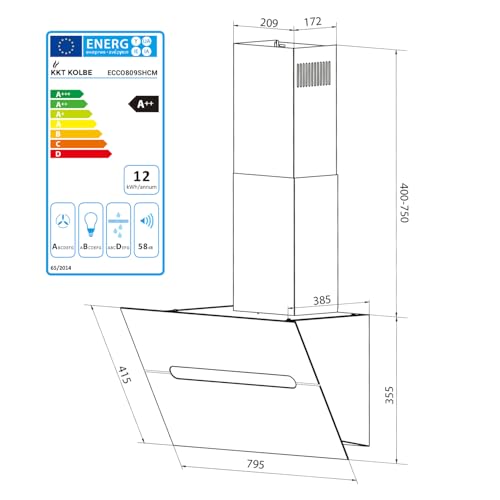 Afzuigkap 80 cm, kopvrije wandkap, roestvrij staal, zwart glas, wifi, automatische naloom, RGBW LED-verlichting, sensortouch-bediening, ECCO809SHCM - Afbeelding 6