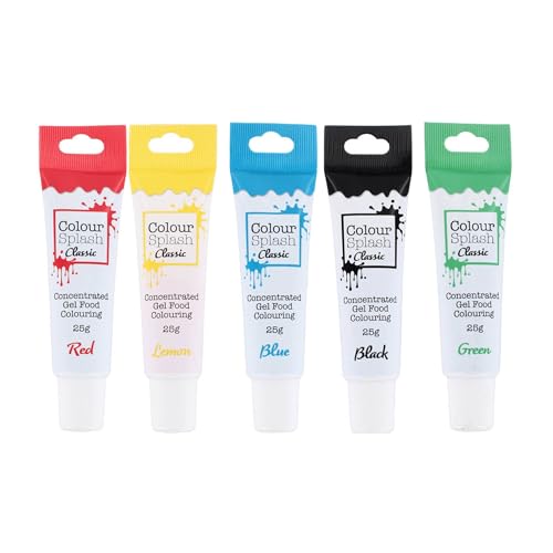 Colour Splash Food Colouring Gels Primary 5 Pack Highly Concentrated For Baking And Cake Decorating Easy to Use Squeezy Tubes Black Green Lemon Red & Blue Starter Set