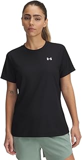 تي شيرت تيك من قماش مضلع بأكمام قصيرة وقبة دائرية ضيقة للنساء من اندر ارمور