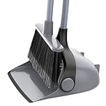 MR.SIGA Long Handled Dustpan and Brush Set, Upright Broom and Dustpan Set with Adjustable Handle, Tall Sweeping Brush with Comb Teeth for Floor Cleaning, Indoor, Outdoor, Home, Lobby, Grey