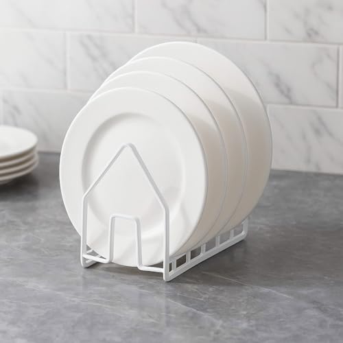 Image of Countertop Dish Rack & Plate Stand - 4-Compartment Iron Dish Drying Rack, Space-Saving White Kitchen Organizer (6 x 9 x 9.25 Inches)