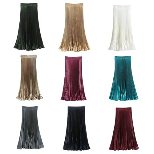 Women’s Metallic Shiny Pleated Maxi Skirt Elastic High Waist A-Line Skirt Accordion Long Swing Skirt4