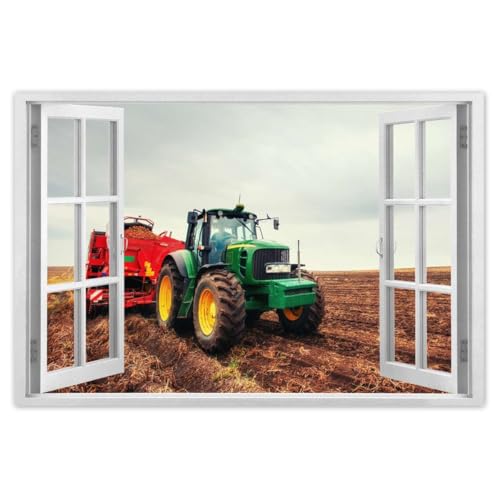 Tracteur labourant le champ poster 90x60 cm pour passionne de nature et agriculture