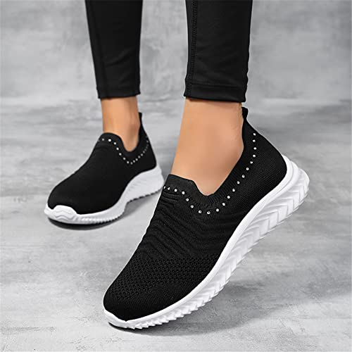 Gospt Women's Slip On Sock Sneakers Glitter Rhinestone Jazz Latin Dance Mesh Shoes Black 8 #TOP4