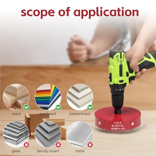 Image of 6 1 /8 Inch HSS BI-Metal Hole Saw, 1 3 /16 inch Cutting Depth Hole Cutter with Hex Shank Drill Bit Adapter for Wood Cornhole Boards Plastic Drywall Fiberboard Can Light Recessed Light, Red