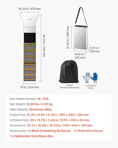VEVOR Highbanker-Goldwaschrinne 127 cm, 2-in-1 Faltbare Highbanker-Waschrinne, Aluminiumlegierung, Bergbauausrüstung mit Rucksack und Schutzhandschuhen, Ideal für Bäche, Flussufer und Flüsse