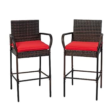 Alternative view of Sundale Outdoor Patio Stools & Bar Chairs, Outdoor Bar Stools Set of 2 with Back Rest Pillow, 2 Piece Wicker Chairs Bar Chairs with Red Cushion, All-Weather Patio Seating - Steel, Brown
