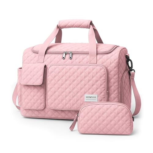 Waterproof Travel Duffel Bag, Weekender/Overnight Bag with Toiletry & Shoes Compartment, Quilted Carry-on Hospital Labor Bag (Pink)