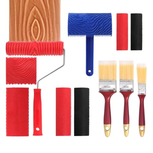 Herramienta de rodillo para vetas de madera – Kit de textura 17,5 x 5 cm, juego de vetas en con mango, herramienta para pintura de madera falsa multipieza acabado realista | Ideal para decoración