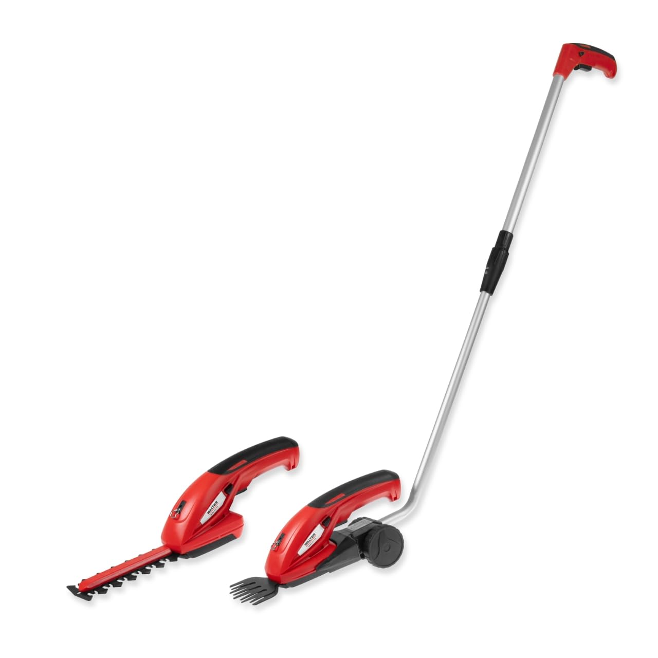 WALTER Akku-Gras- und Strauchschere 7,2 V Li-Ion - Flexibles 2-in-1 Gerät, LED-Ladestandsanzeige, Austauschbare Schnittmesser, Kabelloses Arbeiten, Einfache Handhabung, Inkl. Teleskopschlitten