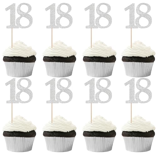 Rsstarxi 36 Pack Number 18 Cupcake Toppers Silver Glitter Cheers to 18 Years Birthday Cupcake Picks Decoration for Happy 18th Birthday Wedding Anniversary Party Cake Decorations