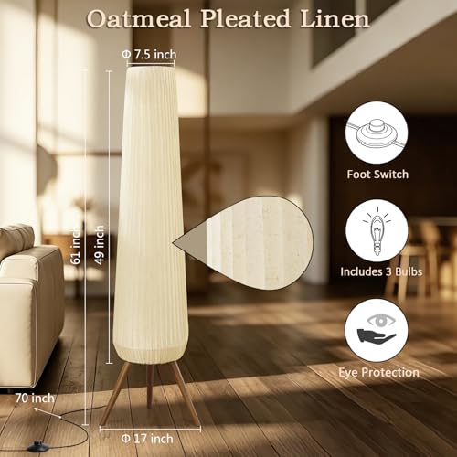 61'' Oatmeal Fabric Pleated Floor Lamp, Walnut Wood Tripod Base - Image 5