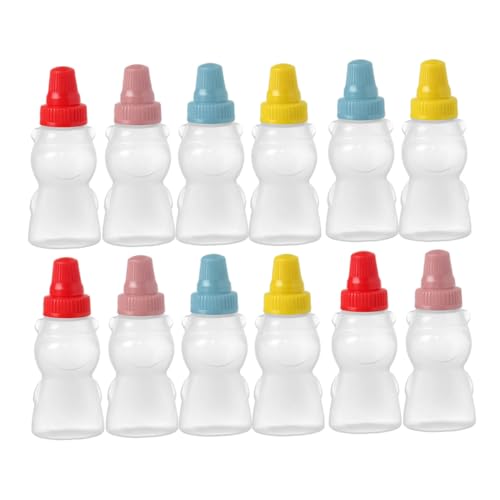 OKUMEYR 12pcs Mini Bear Shaped Condiment Bottles with Lids for Ketchup Salad Dressing Soy Sauce and Vinegar Portable Squeeze Sauce Storage Containers