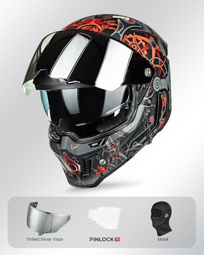 Image of ILM Motorcycle Helmets for Adult Men Women Full Face DOT ECE Powersports Dual Visor Street Racing Helmet with Pinlock Cascos para Motos Model MF509 (Super Mecha Red, S) | Powersports, Dual Visor, Street Racing, Pinlock, Cascos para Motos