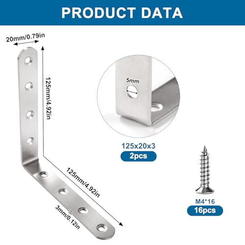 VooGenzek 2 Stücke 125x125x20x3 mm L-Form Eckstreben Klammer, L Winkel Edelstahl Winkelverbinder, 90 Grad L-förmige Winkelhalterungen, mit 16 Stücke Schrauben, für Holzregal Möbel Regal