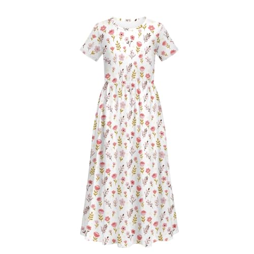 Vestido de rosa roja para niñas de 5-6 años: ropa de algodón con estampado floral