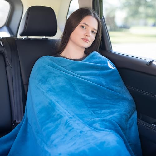 Image of BlueHills Premium Soft Travel Blanket Pillow Airplane Blanket in Soft Bag case with Hand Luggage Belt and Carabiner Compact Pack Large Cozy Blanket for Plane Car Train Teal Blue T022