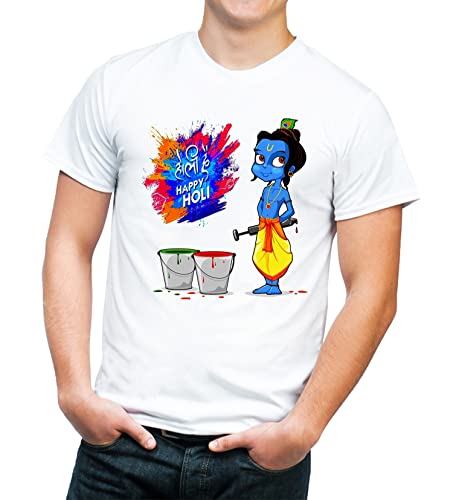 Image of Knitted Polycotton Fabric Regular Fit Men Boys Half Sleeve T-Shirt for Festival of Holi Style 19 White Size : Free