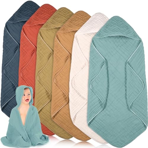 Image of Peryiter 6 Pcs Muslin Hooded Baby Towels, 32"x 32" Cotton Newborn Bath Towel Muslin Infant Baby Blankets Absorbent Unisex Newborn Registry Gift Essentials for Girls Boys (Orange)
