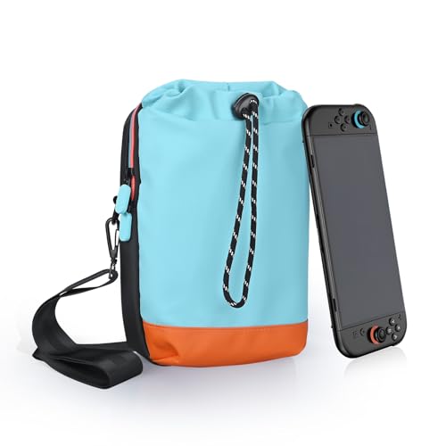 MMOBIEL Bolsa Bandolera de Viaje para Nintendo Switch 2 Mochila con Correa Ajustable y Bolsillo Frontal con Cordón para Joy con, Consola y Accesorios – Funda Portátil – Azul/Naranja