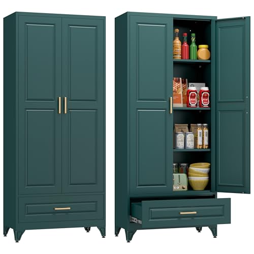 Image of Polup Metal Storage Cabinet,75 inch Tall Kitchen Pantry Storage Cabinet with Doors and Adjustable Shelves, Green Metal Pantry Cabinets with Drawer, Large Cupboard for Kitchen, Dining Living Room