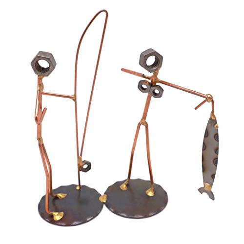 Fisherman with Wife Collectible Handmade Metal Art Figurine, Desk Accessories, Trophy, Boss Gift, Office Décor, Outdoor Sports, Fishing