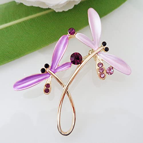 Image of Navachi 18k Gold Plated Multicolor Enamel White Crystal Double Dragonfly Wings Brooch Pins