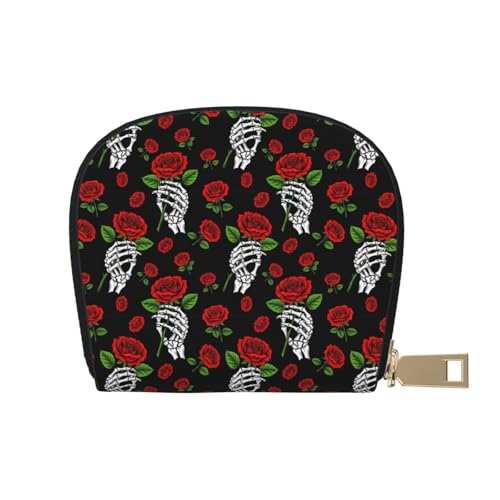 Men Leather Wallet Card Holder gothic skull skeleton hand holding red rose Travel Accessory