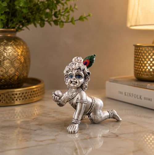Image of Gold Art India 999 Silver Plated Bal Krishna Idol (3.3 Inch) | Antique Matte Laddu Gopal Murti | Premium Peacock Green Velvet Gift Box | Krishna Idol for Home Temple, Office Decor & Spiritual Gifting