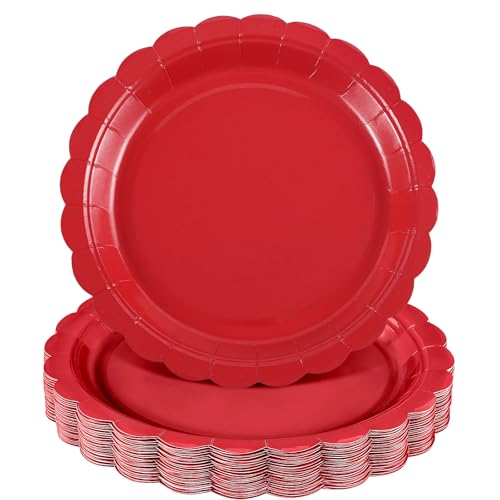 NatNarr Lot de 30 assiettes en carton rouges de 23 cm - Avec bord ondulé - Assiettes à dessert - Pour Noël, anniversaire, fête prénatale, mariage