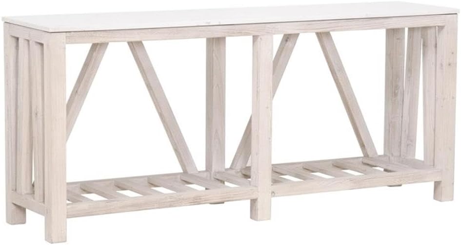 Pemberly Row Quartz Top Trestle Console Table, Reclaimed Pine Base, White Wash Finish, Solid Quartz Marble-Look Top, 70.5 in Wide, Rustic Farmhouse Style with Lower Storage Shelf for Entry or Living