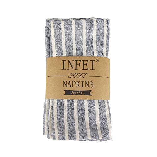 INFEI - Servilletas de tela de lino y algodón con rayas gruesas y suaves, juego de 12 (17 x 17 pulgadas), para eventos y uso en el hogar, azul marino, 51 x 51 cm