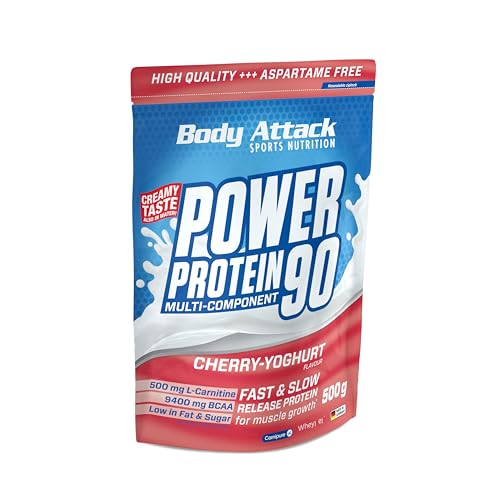 Body Attack Power Protein 90, Ciliegia-Yoghurt, 500g, 5K proteine in polvere con proteine del siero di latte, L-carnitina e BCAA per la costruzione muscolare e il fitness.