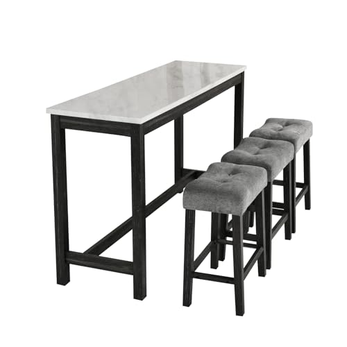 Image of 4-Piece Industrial Bar Table Set with Power Outlet, 3 Upholstered Stools for Kitchen, Game Room & Dining, Counter Height Pub Set (Grey 1+3 （2）)