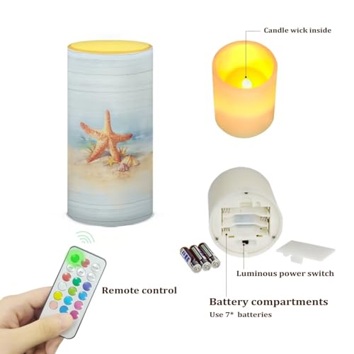 Image of Flameless Candle Flame Effect Realistic LED Lights, Battery Operated Flameless Table Lamp with Timer Remote 12 Colors Changing Ideal Gifts for Women, Starfish Seashell Blue Wood Grain