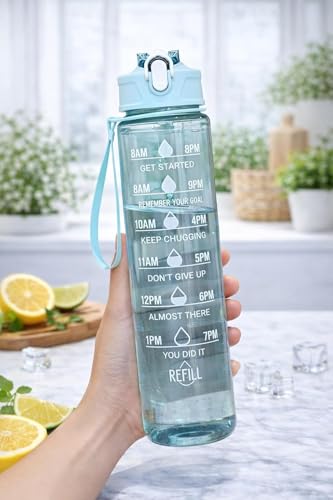 Image of RKZ 900 ML Capacity Belt Straw Transparent Motivational Water Bottles|Time Marker Leak Proof&Break-Proof|Best Usage For Office /School /Gym /Travel Bottle|Bpa-Free Fitness Sports Bottle (MULTICOLOR)