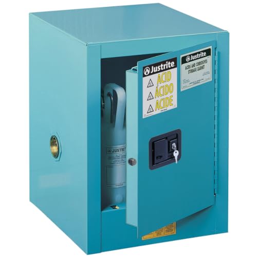 Image of Justrite Acid Corrosive Storage Cabinet - 4 Gallon 1 Door Self Close Chemical Storage Cabinet with ChemCor Coating - 17 inch x 22 inch x 17 inch - Made in The USA - Light Blue - 8904222