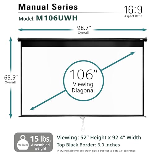 Image of Elite Screens Manual Series, 106-INCH 16:9, Pull Down Manual Projector Screen with AUTO LOCK, Movie Home Theater 8K / 4K Ultra HD 3D Ready, 2-YEAR WARRANTY, M106UWH, Black