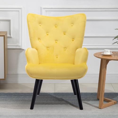 Image of Velvet Wingback Accent Chair for Living Room | Luxury High Back Tufted Armchair with Glossy Metal Legs | Modern Velvet Upholstered Lounge Chair for Home & Office | 1 Pc (Yellow)