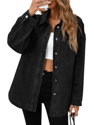 Tankaneo Womens Oversized Denim Shirt Jacket Button Down Long Sleeve Fall Casual Jean Shackets Black